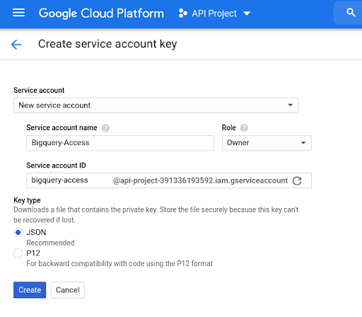 BigQuery Storage API - Creating Service Account Key